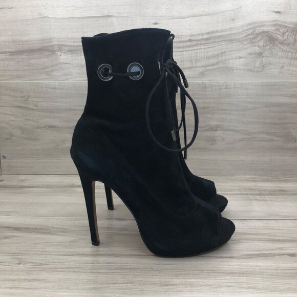 Steve Madden Booties Womens 8M Cavalier Black Suede Pull On Peep Toe Stiletto - Picture 1 of 13